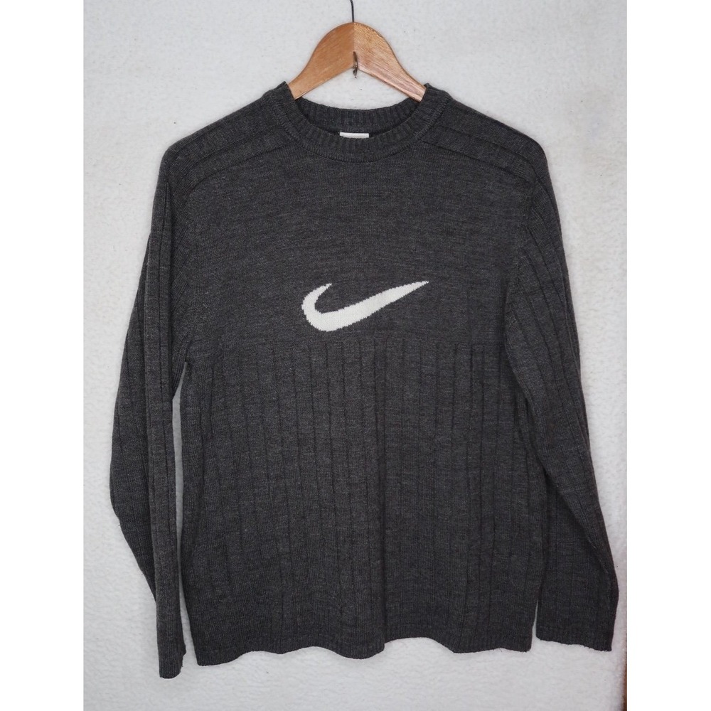 Nike Vintage Gray Knit Sweater Women's M / White Swoosh Logo Crewneck Pullover - Picture 7 of 10